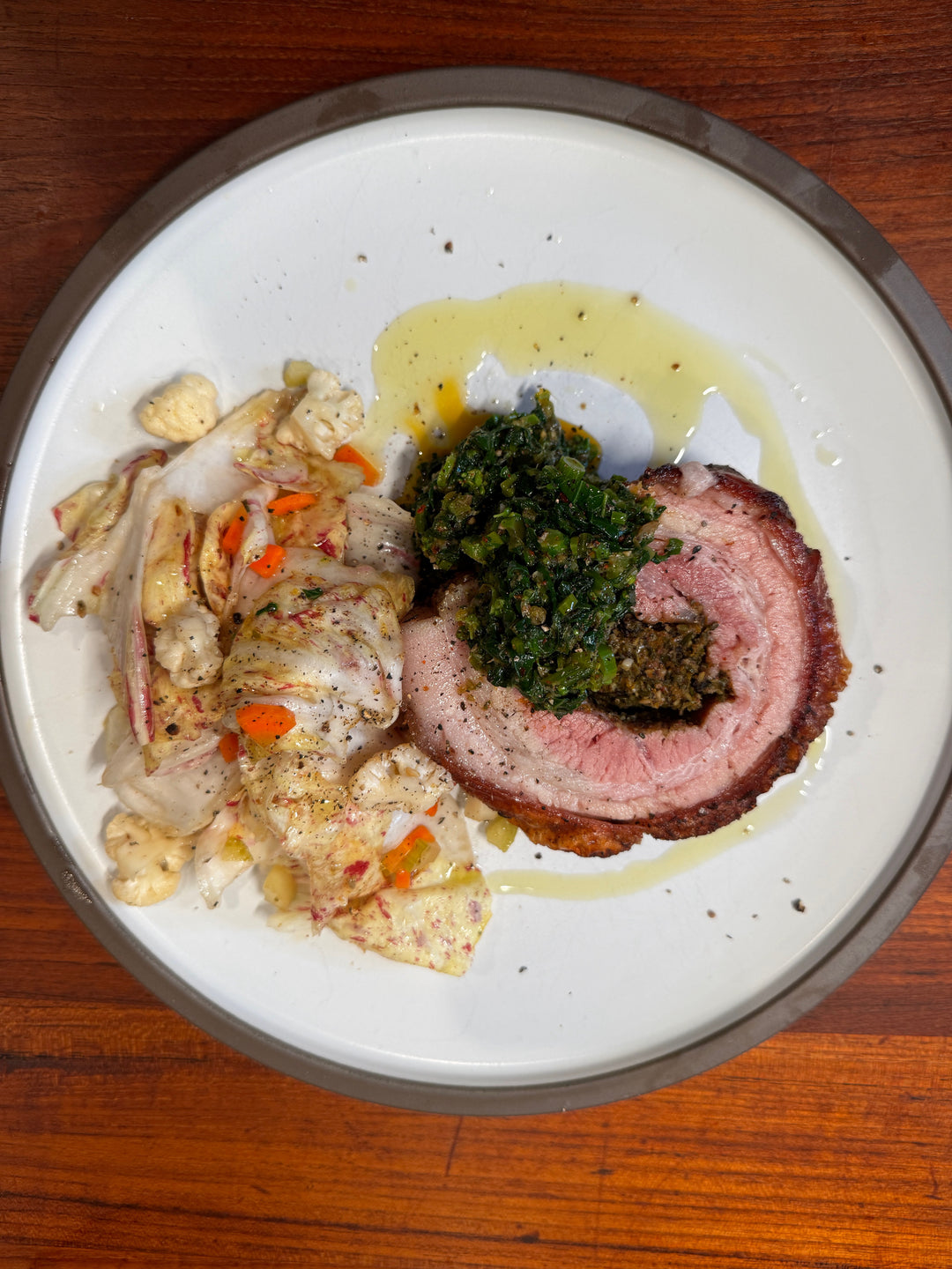 Porchetta with Broccoli Rabe Salsa Verde, Chicories & Giardiniera by Chef Chris Cosentino