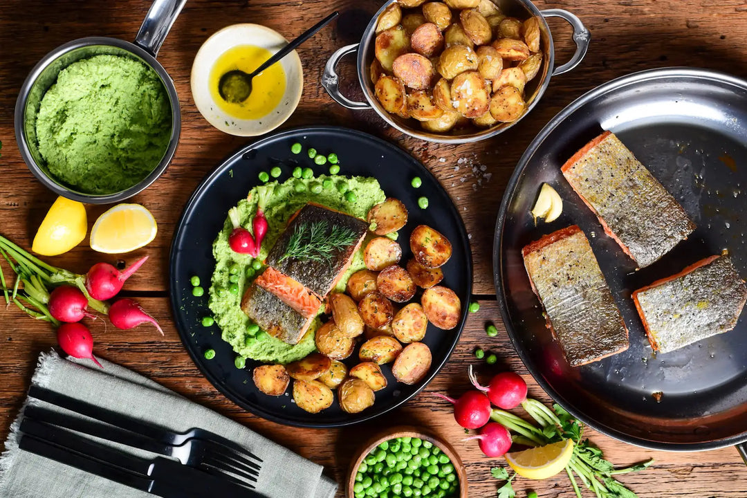Crispy Salmon with Pea Purée & Roasted Potatoes