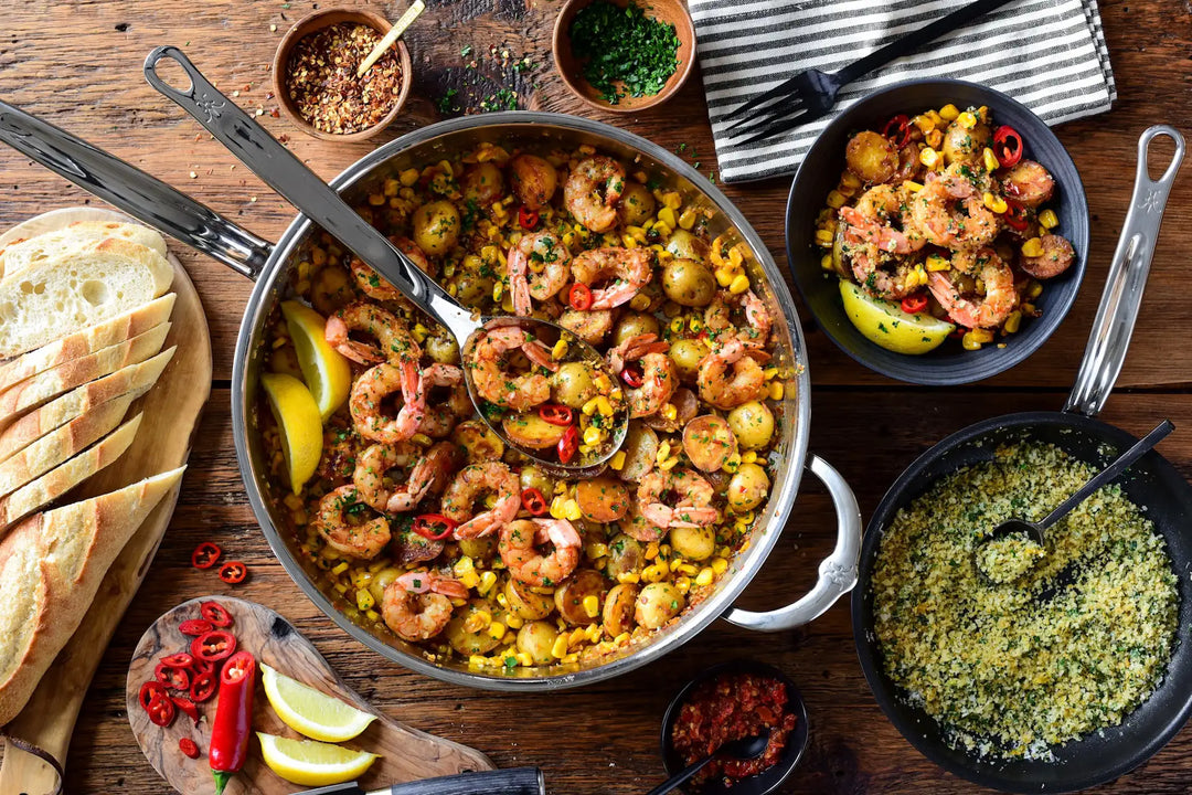 Spicy Calabrian Shrimp with Corn, Potatoes & Pangrattato