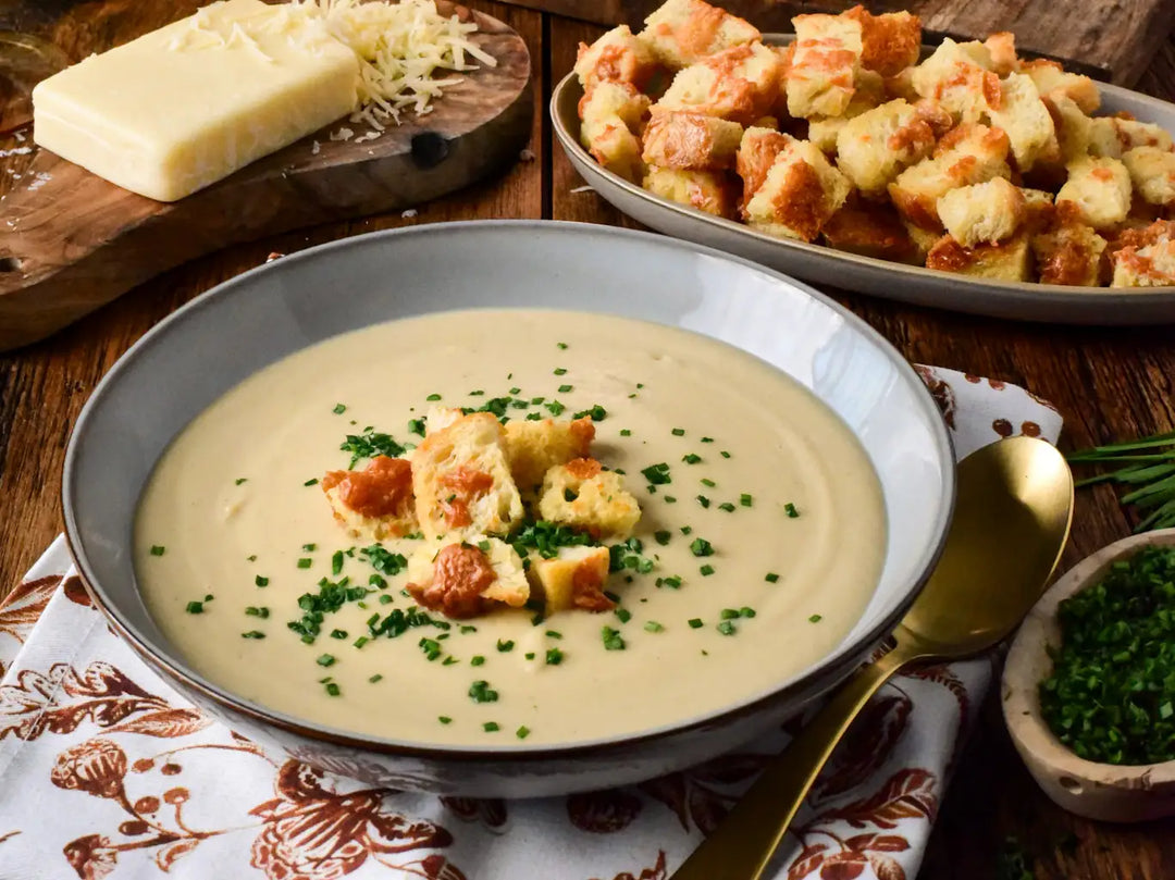 Roasted Cauliflower Leek Soup with Cheddar