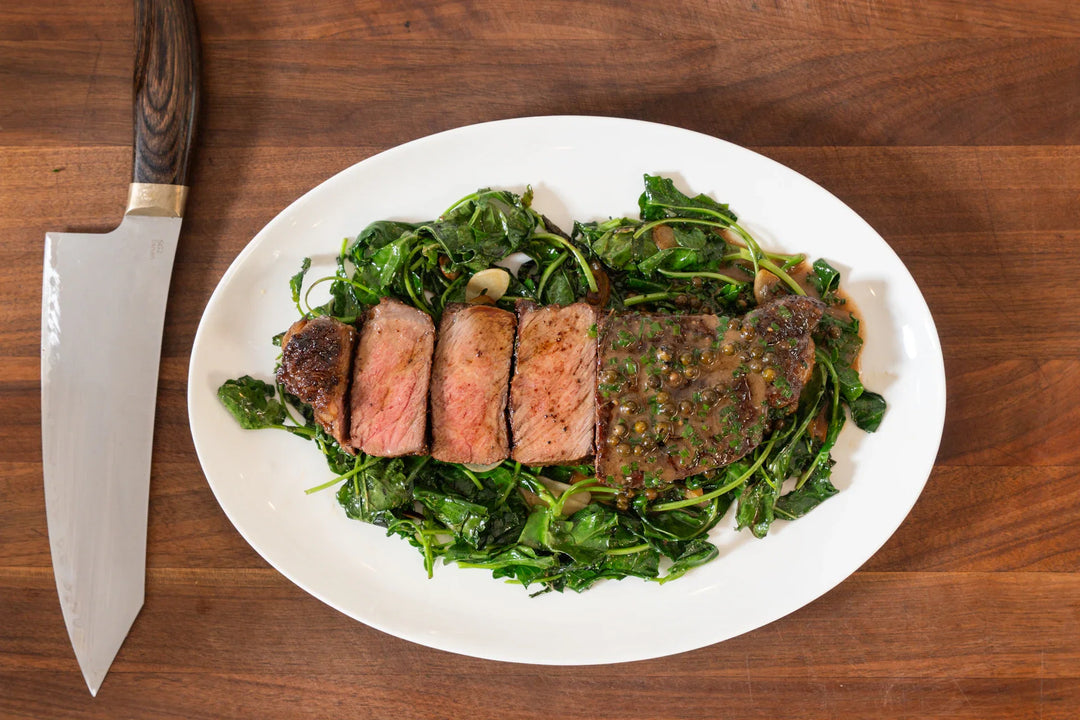NY Strip with Spigarello Greens & Peppercorn Sauce