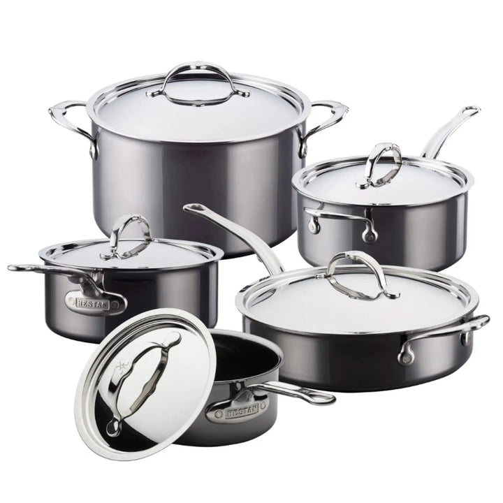 The 10-Piece Titanium Precision Saucepan Cookware Set by NanoBond includes five premium stainless steel pots and pans with lids, featuring shiny, polished surfaces and ergonomic handles for seamless cooking precision.