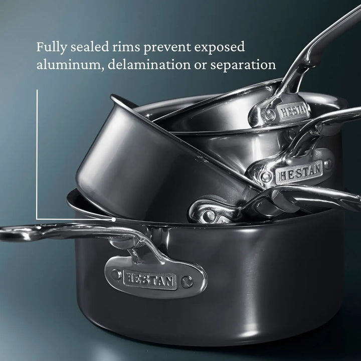 The 10-Piece Titanium Precision Saucepan Cookware Set by NanoBond features stainless steel saucepans with shiny silver handles, each marked with its name. Fully sealed rims prevent exposed aluminum, delamination, or separation, enhanced by NanoBond Technology for superior durability and design.