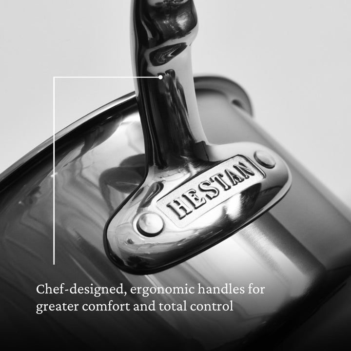 Close-up of a metal saucepan handle engraved with NanoBond. The image features text: Chef-designed, ergonomic handles ensure comfort and control. Part of the 10-Piece Titanium Precision Saucepan Cookware Set, this pot elevates your Stainless Steel Cookware collection.