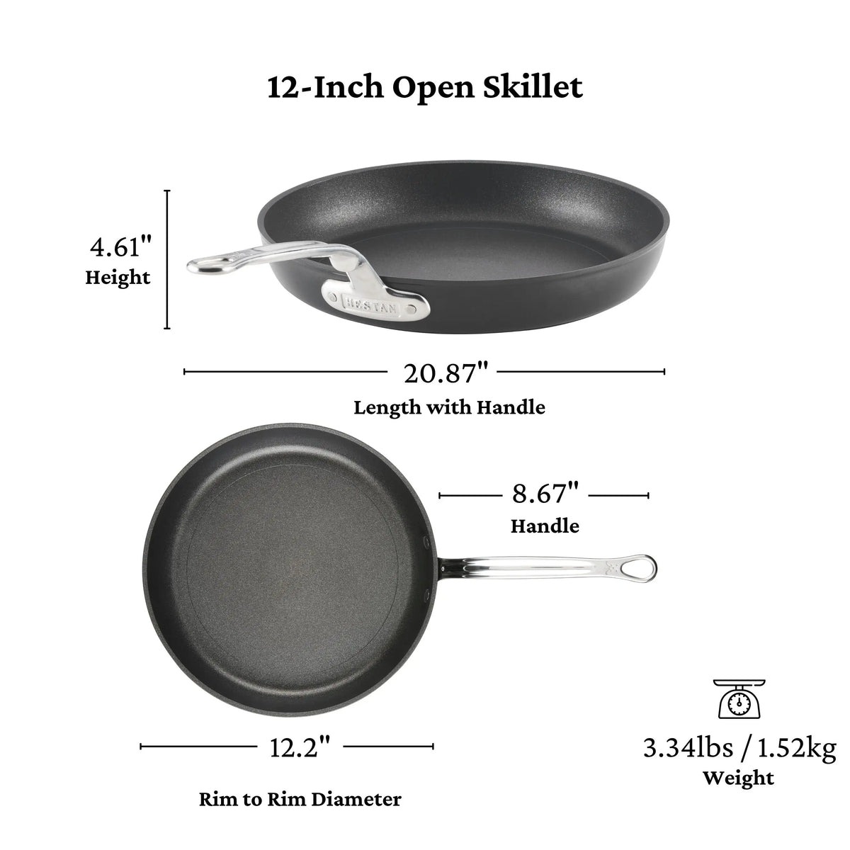 A TITUM® Fusion TITUM Nonstick Cookware Set 12-inch skillet is induction compatible, measures 4.61" high, 20.87" long with handle, has a 12.2" rim diameter, an 8.67" handle, and weighs 3.41 lbs (side and top views shown).