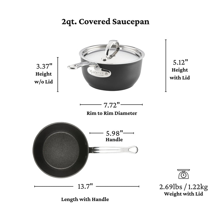 Diagram of a 2qt. TITUM® Fusion Nonstick Saucepan with Lid, handcrafted in Italy. Height: 5.12" (with lid), 3.37" (without lid). Rim: 7.72". Length with handle: 13". Weight with lid: 2.69 lbs. Top and side views shown.