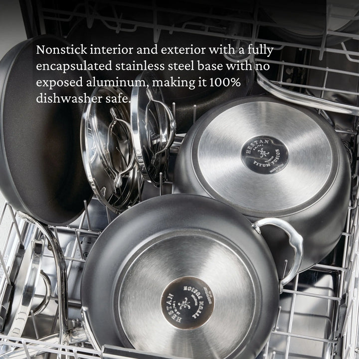Open dishwasher filled with TITUM® Fusion TITUM Nonstick Saucepans with Lids, showcasing their induction-ready base, durable aluminum protection, and dishwasher-safe design. Handcrafted in Italy for lasting performance.