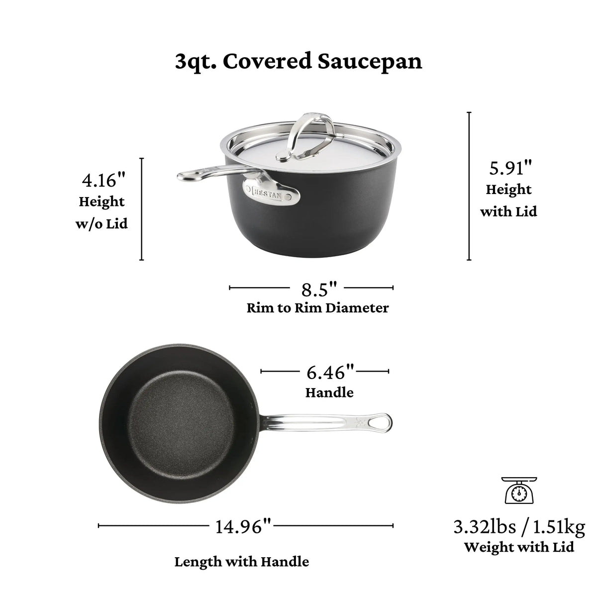 Image of a 3qt. TITUM® Fusion TITUM Nonstick Saucepan with Lid, handcrafted in Italy, induction compatible. Dimensions: 4.16" H (no lid), 5.91" H (with lid), 8.5" rim diameter, 6.46" handle; weighs 3.32 lbs/1.51 kg with lid.