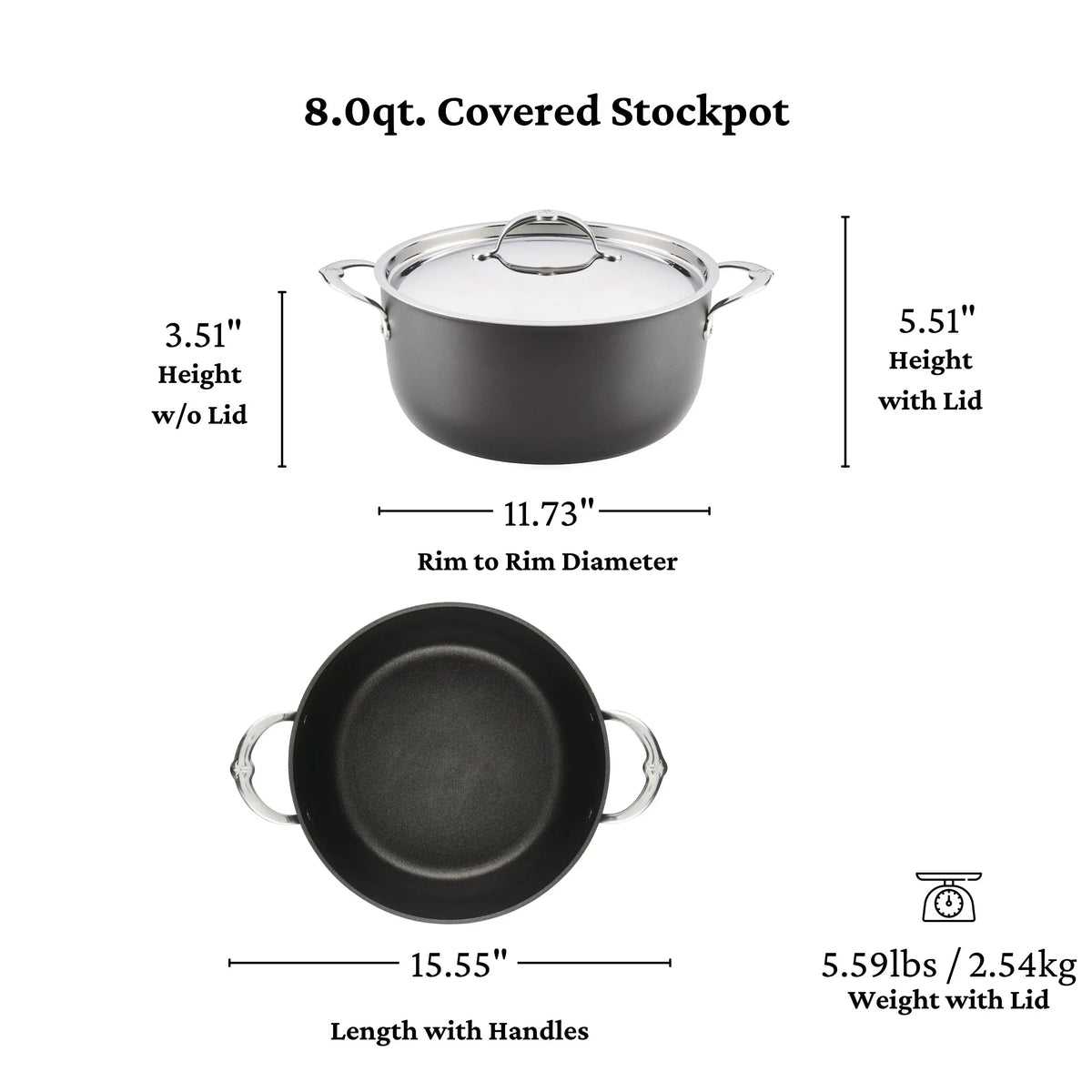 The TITUM® Fusion TITUM Nonstick Stock Pot with Lid, 8-Quart, features a glass lid, nonstick design, measures 3.51" high (without lid), 11.73" in diameter, and weighs 5.59 lbs (with lid). Handcrafted in Italy.