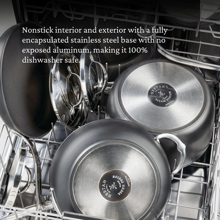 A TITUM® Fusion TITUM Nonstick Stock Pot with Lid, 8-Quart, handcrafted in Italy, sits in a dishwasher. Text highlights its nonstick interior, stainless steel base, and dishwasher-safe design.