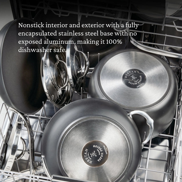 The TITUM® Fusion TITUM Nonstick Essential Pan with Lid, 4.5-Quart, handcrafted in Italy with a fully stainless steel-encapsulated base, is shown arranged in a dishwasher and highlighted as durable and dishwasher-safe.