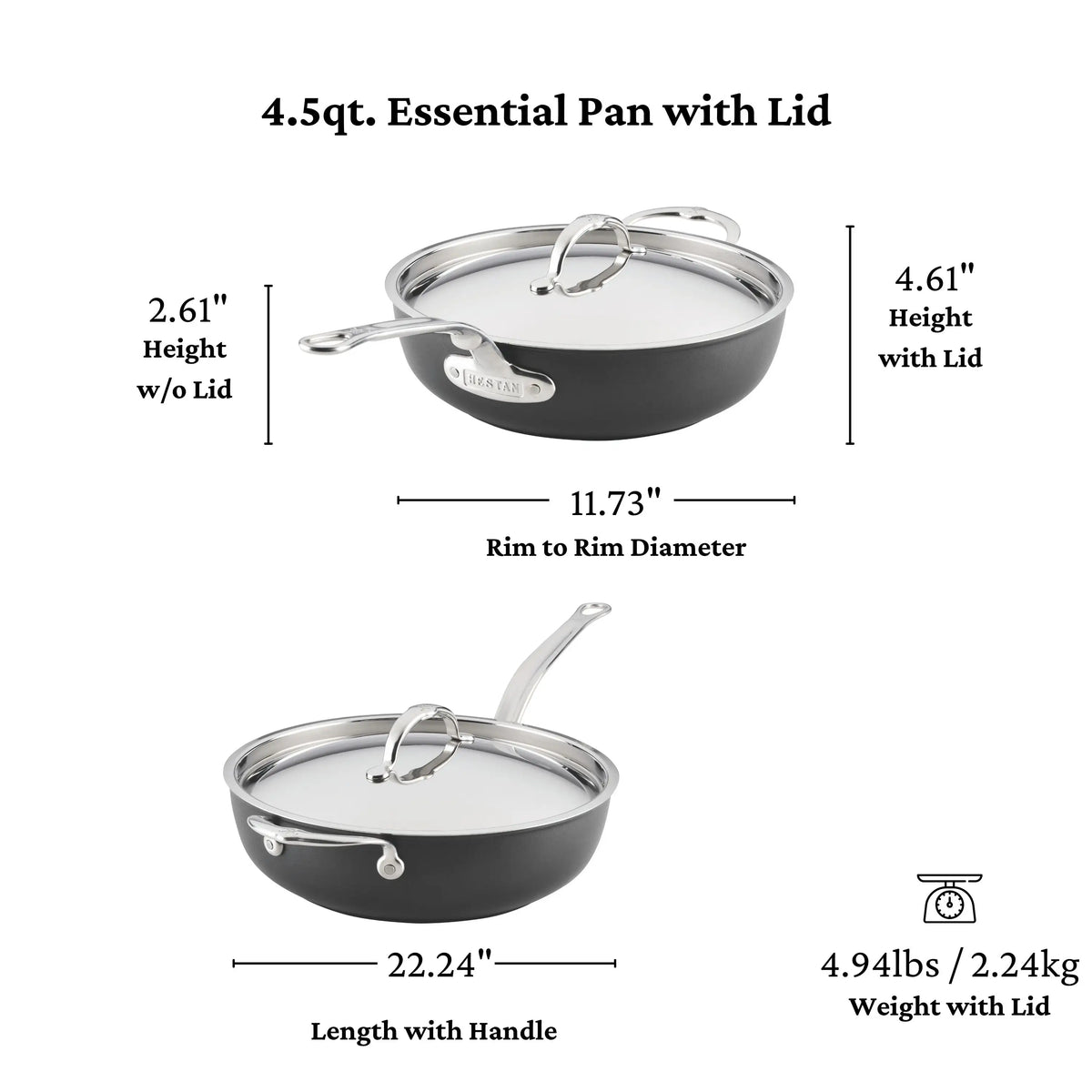 The TITUM® Fusion TITUM Nonstick Essential Pan with Lid, 4.5-Quart, in black, handcrafted in Italy, features a silver handle and lid. It measures 2.61" H (pan), 4.61" H (with lid), 11.73" diameter, 22.24" length, and weighs 4.94 lbs with lid.
