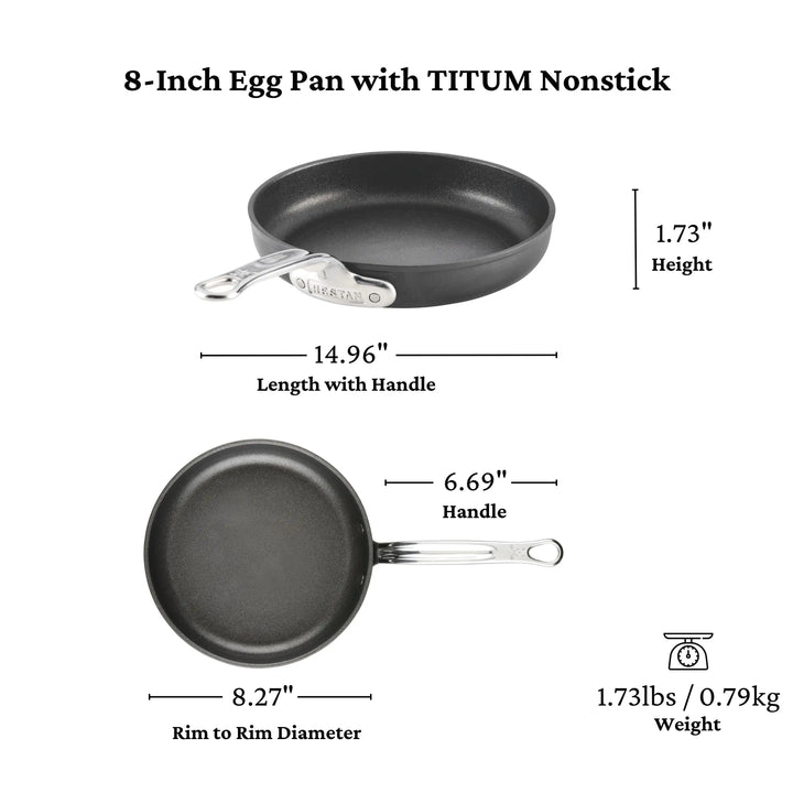 The TITUM® Fusion TITUM Nonstick Open Skillet, handcrafted in Italy, is black, 8.27" in diameter, 1.73" high, 14.96" long with a 6.69" handle, and weighs 1.73 lbs; shown from the top and side.