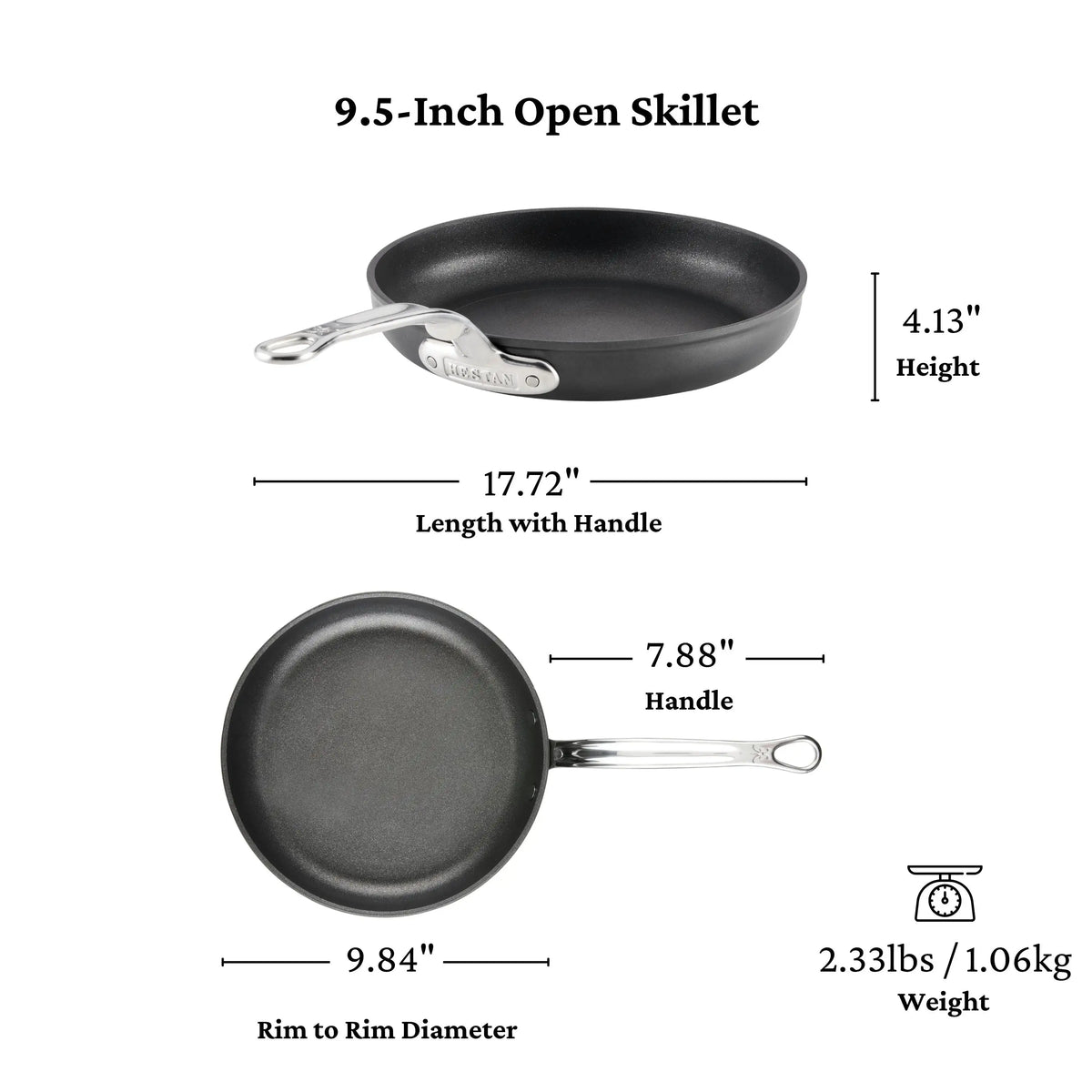 The TITUM® Fusion TITUM Nonstick Open Skillets is a black 9.5-inch skillet with a silver handle, shown from side and top views. It measures 4.13" high, 17.72" long (with handle), 9.84" in diameter, and weighs 2.33 lbs.