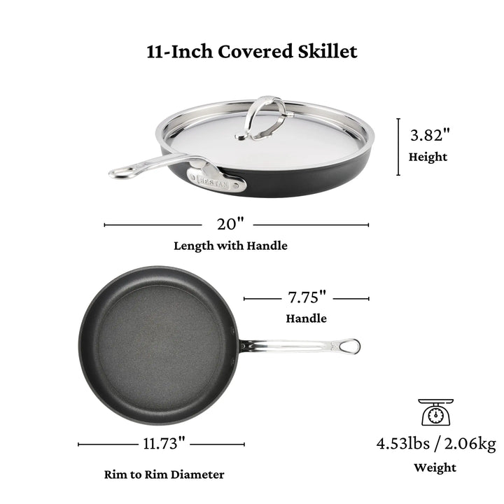 Image of the TITUM® Fusion TITUM Nonstick Skillet with Lid, 11-inch, handcrafted in Italy. Measures 20" long with handle (7.75"), 11.73" rim diameter, 3.82" high, and weighs 4.53 lbs (2.06 kg). Durable nonstick cookware.