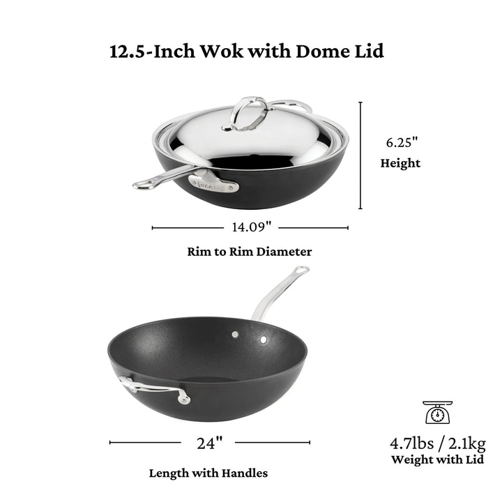 The TITUM® Fusion TITUM Nonstick Wok with Stick Handle and Dome Lid, 12.5-inch, handcrafted in Italy, features a 14.09" rim-to-rim diameter, 6.25" height, 24" length with handles, and weighs 4.71 lbs—durable nonstick cookware for your kitchen.
