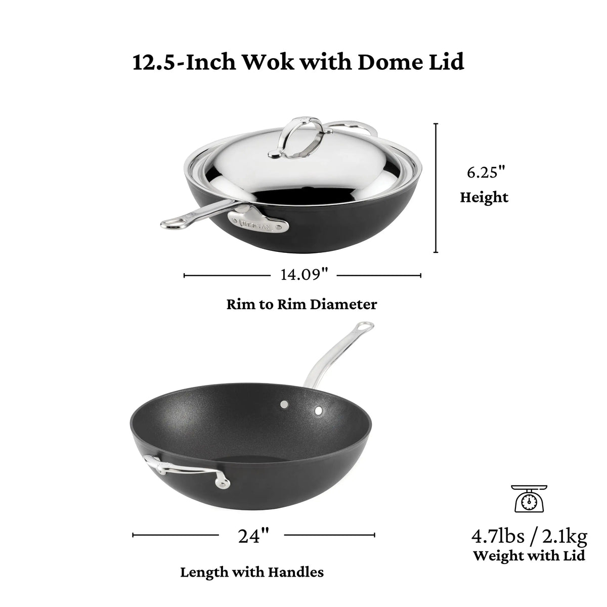 The TITUM® Fusion TITUM Nonstick Wok with Stick Handle and Dome Lid, 12.5-inch, handcrafted in Italy, features a 14.09" rim-to-rim diameter, 6.25" height, 24" length with handles, and weighs 4.71 lbs—durable nonstick cookware for your kitchen.