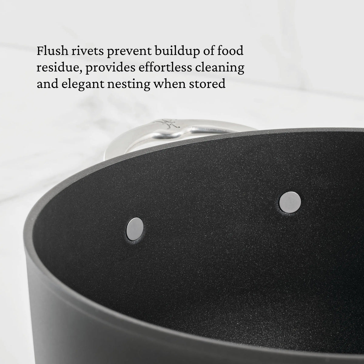 Close-up of a 12.5-inch TITUM® Fusion TITUM Nonstick Wok with Stick Handle and Dome Lid, handcrafted in Italy. Durable nonstick surface with flush rivets makes cleaning, residue prevention, and nesting storage effortless.