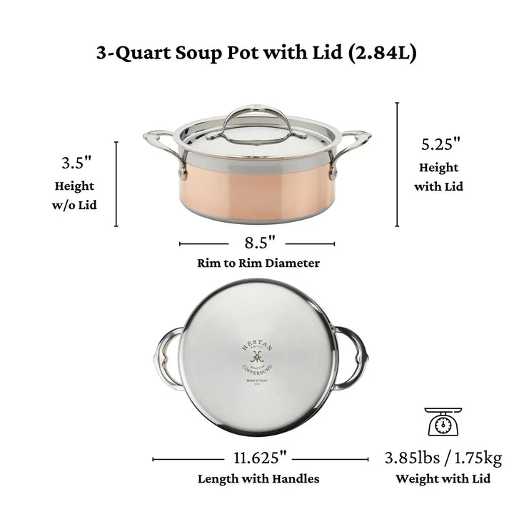 The CopperBond Copper Induction Soup Pot, handcrafted in Italy, boasts a 3-quart capacity with a copper finish and silver handles. It stands 3.5 high (5.25 with the lid), 8.5 in diameter, and is induction compatible, weighing 3.851 lbs (1.75 kg) with an 11.625 total length including handles.