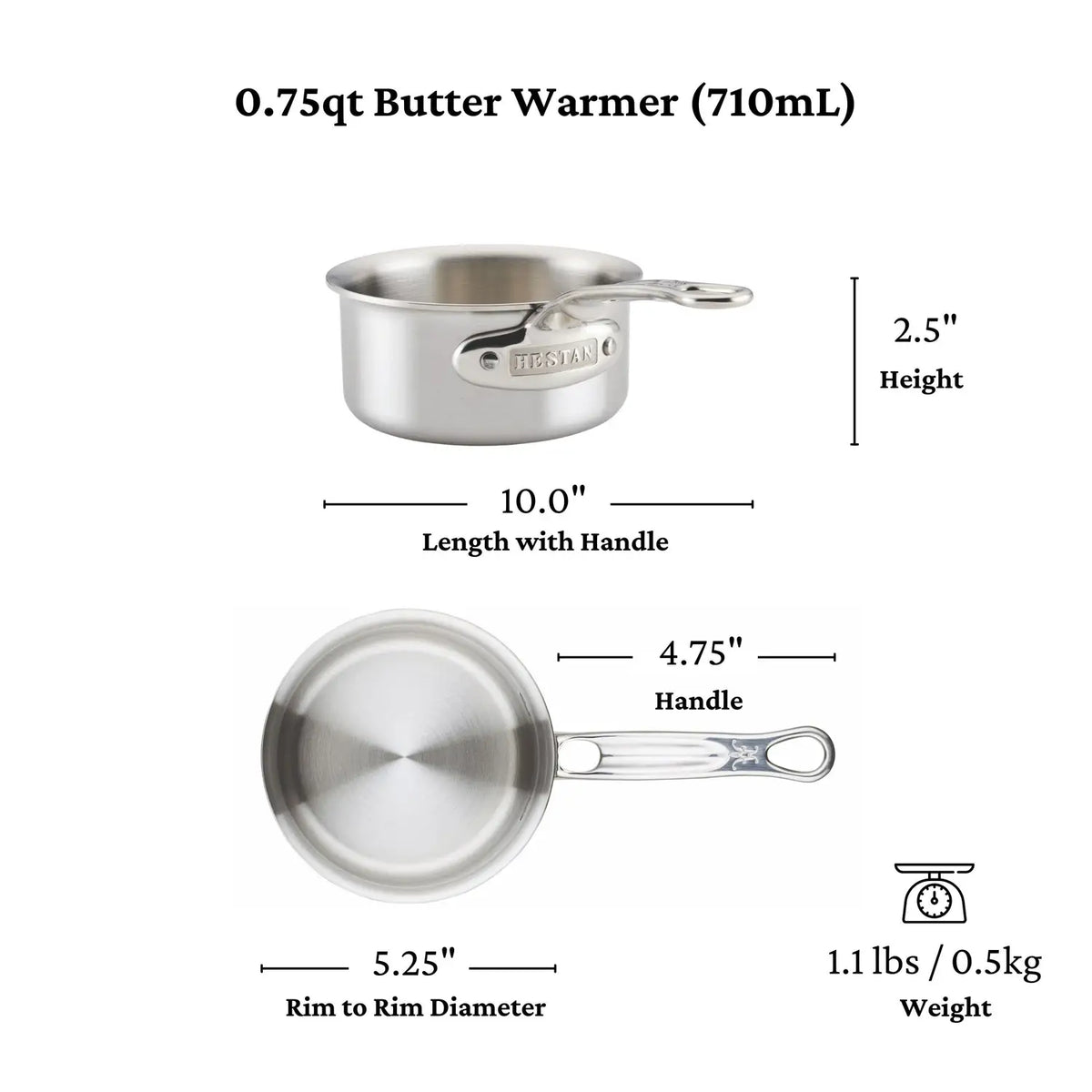 The Thomas Keller Commercial Clad Stainless Steel 0.75-Quart Butter Warmer is shown from side and top views. Dimensions: 710mL capacity, 10" length with handle, 5.25" diameter, 2.5" height, 4.75" handle, and weighs 1.1 lbs.