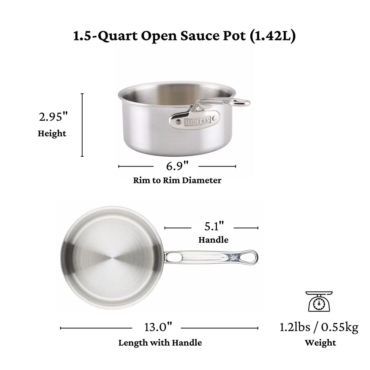 The Thomas Keller Commercial Clad Stainless Steel Saucepan features tri-ply construction, a 1.5-quart (1.42L) capacity, 2.95" height, 6.9" rim diameter, 5.1" handle, 13" total length, and weighs 1.2 lbs (0.55 kg) for professional use.