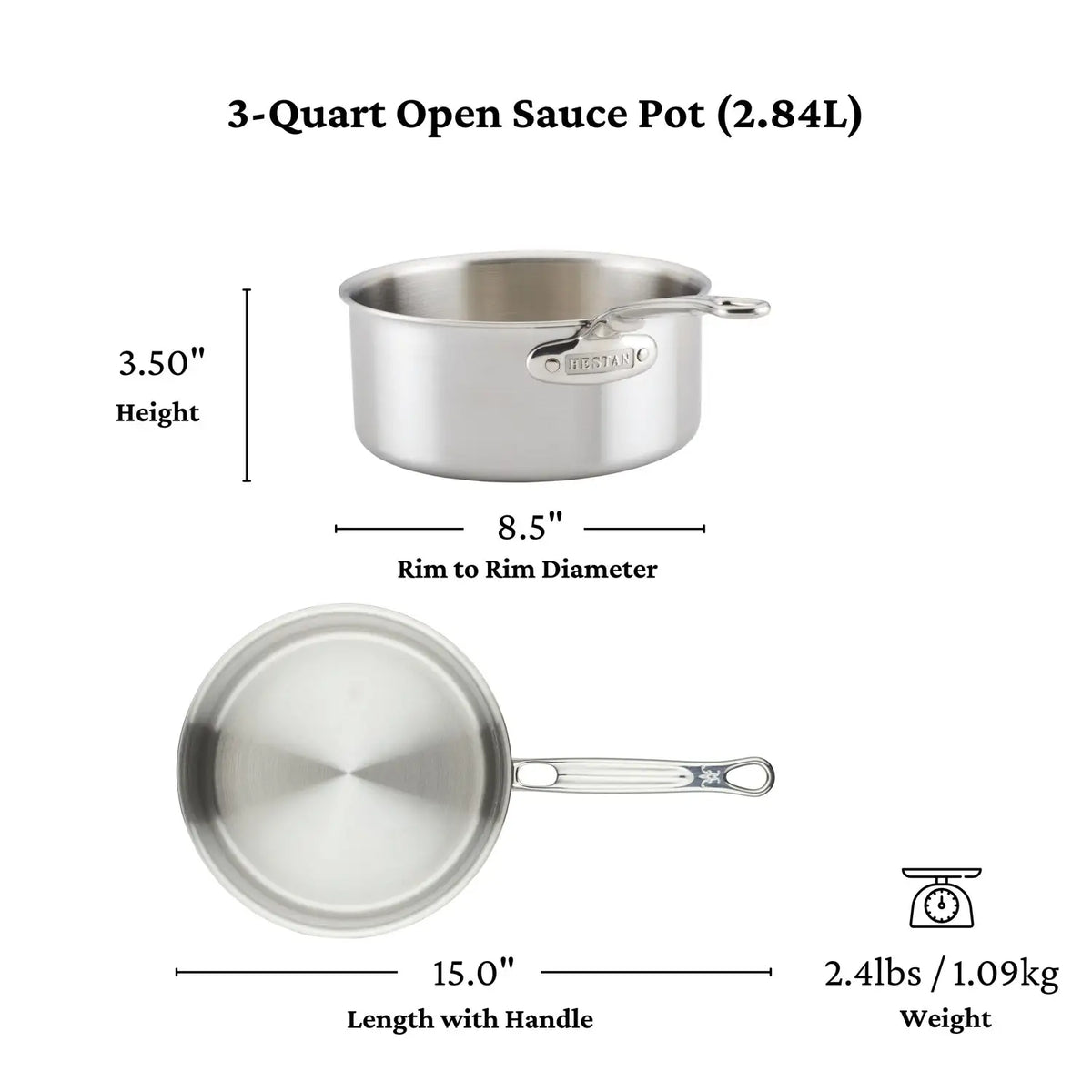 The Thomas Keller Commercial Clad Stainless Steel Saucepans, 3-quart tri-ply, are shown from side and top views with labeled dimensions: 3.5" height, 8.5" rim diameter, 15" length with handle, and weight of 2.4 lbs (1.09 kg).