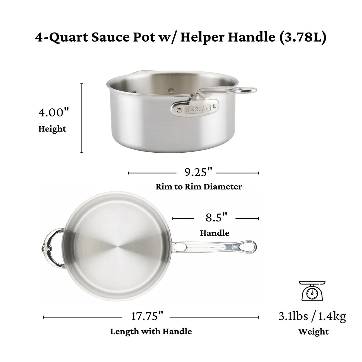 Thomas Keller Commercial Clad Stainless Steel Saucepans feature tri-ply construction, 4-quart capacity, helper handle, shown side and top. Dimensions: 4" high, 9.25" diameter, 8.5" handle, 17.75" total length; weighs 3.1 lbs.