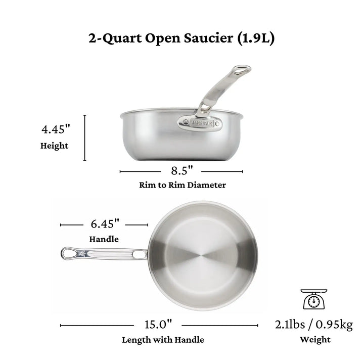 Image of a Thomas Keller Insignia Commercial Clad Stainless Steel 2-Quart Saucier with a 1.9L capacity, featuring superior heat conductivity, an 8.5 diameter, height of 4.45, handle length of 6.45, overall length of 15, and weight of 2.1 lbs., designed for professional culinary use.