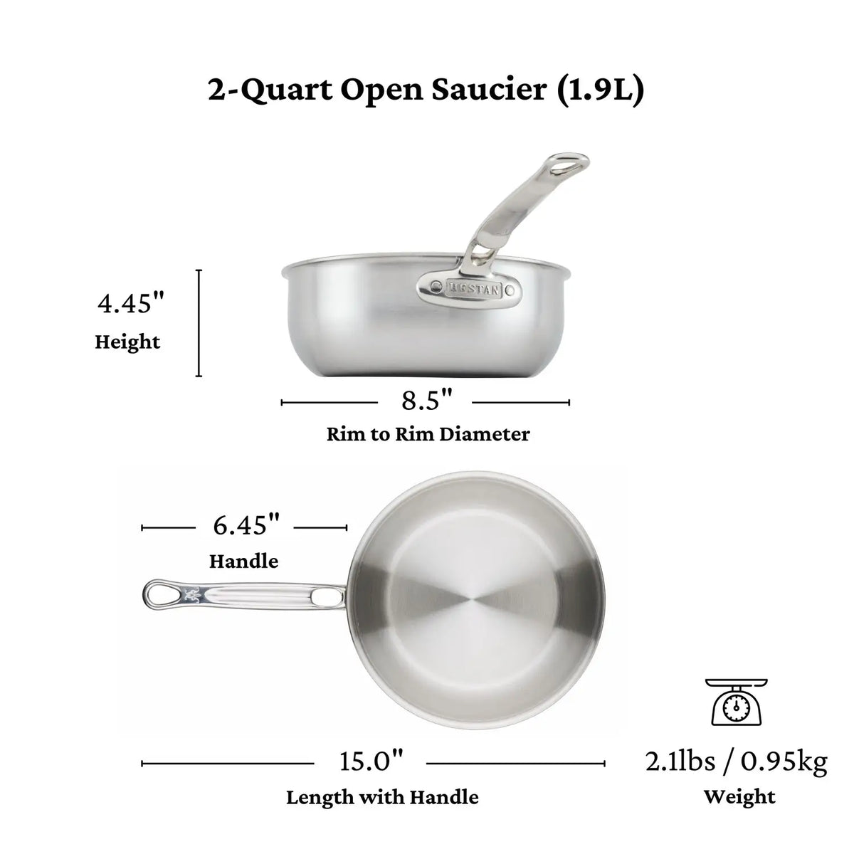 The Thomas Keller Commercial Clad Stainless Steel 2-Quart Saucier offers professional performance with tri-ply construction, measuring 4.45" high, 8.5" rim diameter, 15" long (with handle), and weighing 2.1 lbs.
