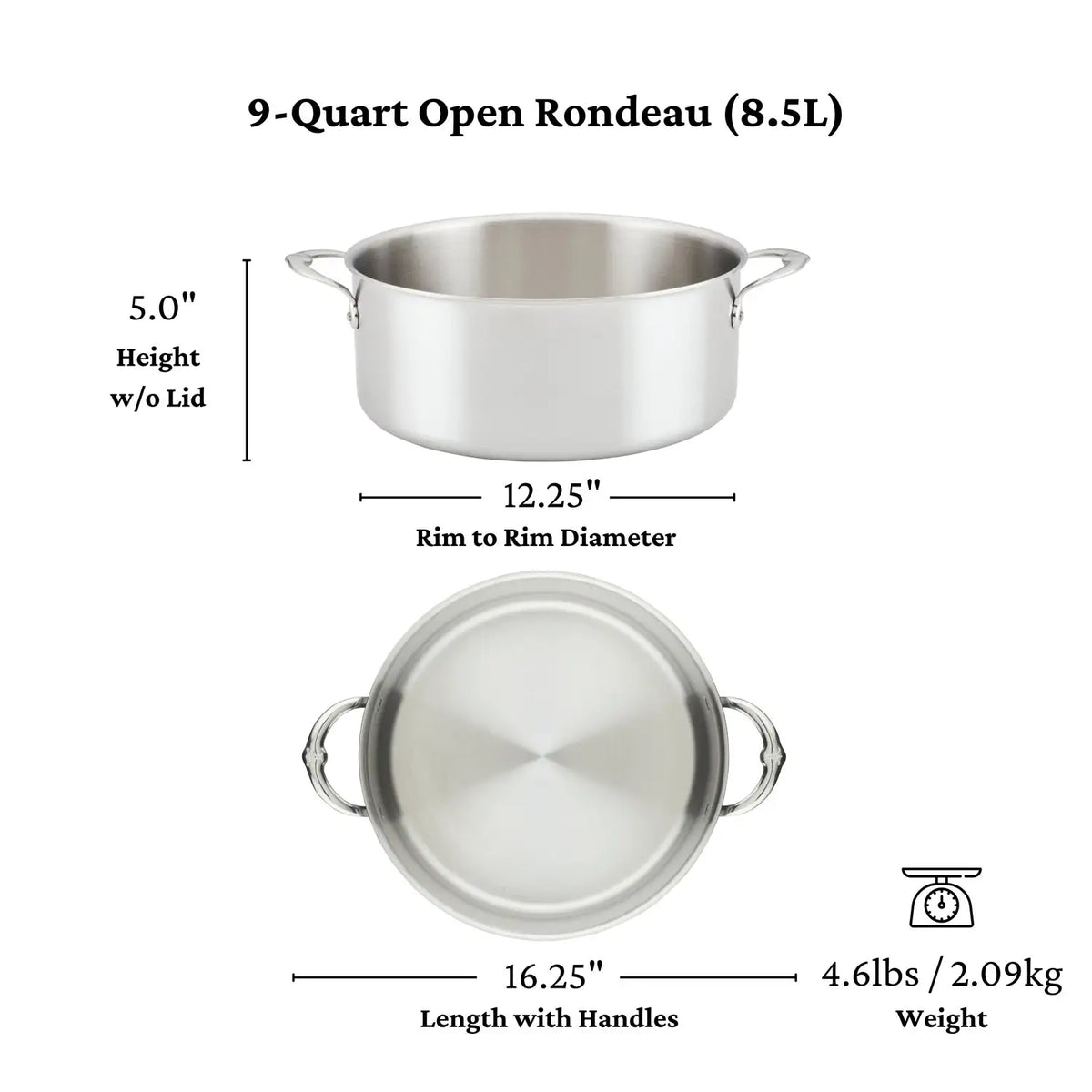 The Thomas Keller Commercial Clad Stainless Steel Rondeau is a 9-quart open pot with two handles, tri-ply construction, measuring 5" tall, 12.25" rim diameter, 16.25" long with handles, weighing 4.6 lbs (2.09 kg), and holding 8.5 liters.