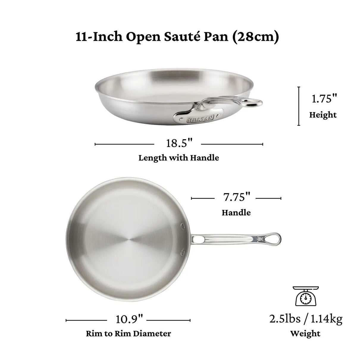 The Thomas Keller Commercial Clad Stainless Steel Skillets feature an 11-inch tri-ply design for pro quality, measuring 18.5" with handle, 10.9" diameter, and weighing 2.5 lbs (1.14 kg), as shown from side and top views.