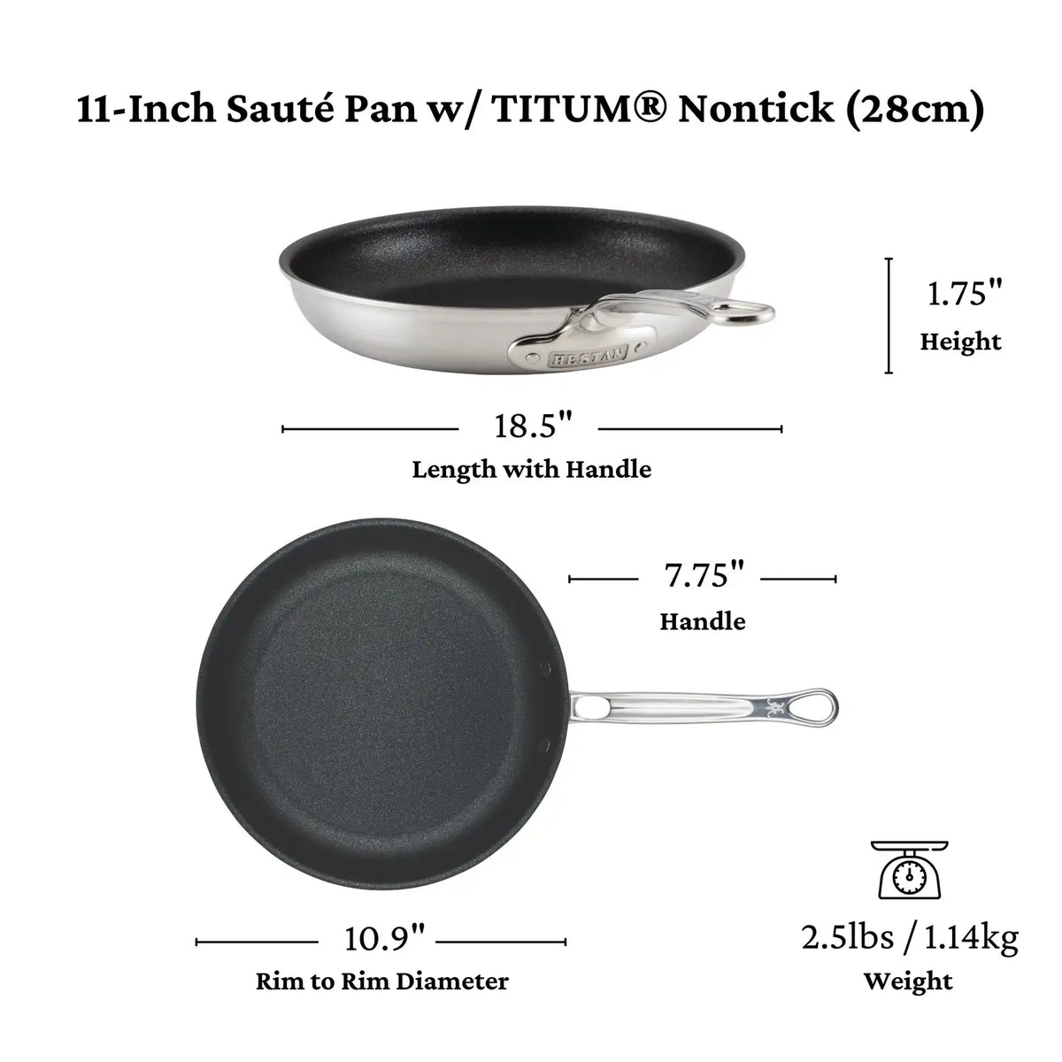 The Thomas Keller Commercial Clad Stainless Steel TITUM® Nonstick Skillet is shown side and top view: 11" diameter, 18.5" long with handle, 7.75" handle, 1.75" height, and weighs 2.5 lbs (1.14 kg).