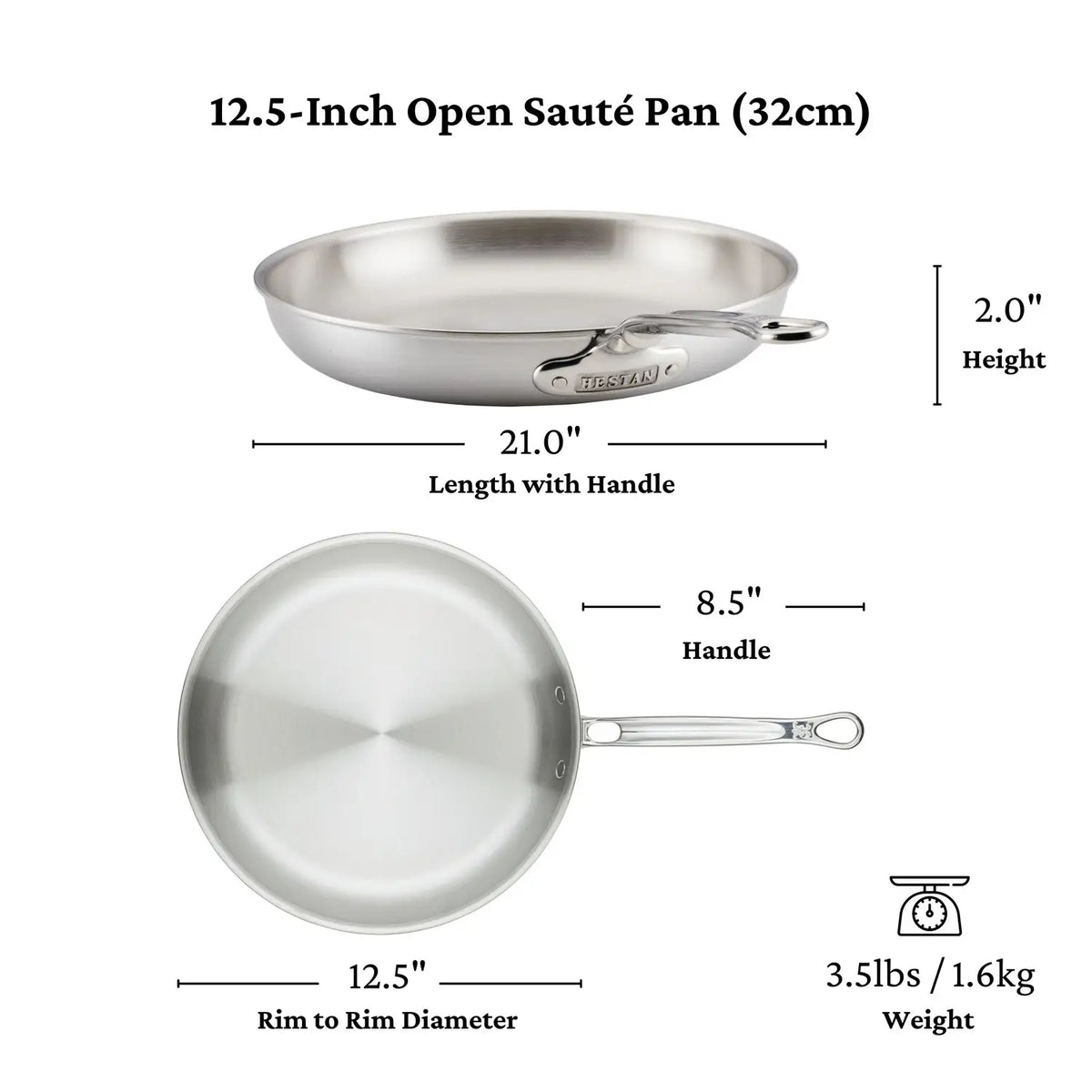 The Thomas Keller Commercial Clad Stainless Steel Skillets shown side and top: 21" long with handle, 12.5" diameter, 8.5" handle length, 2" height, and weighing 3.5 lbs (1.6 kg).