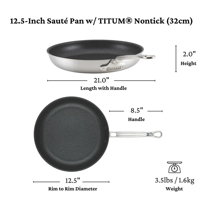 This image shows the measurements of the 12.5 Inch TITUM Nonstick Sauté Pan. Imperial measurements equivalent to 32cm frying pan. Length with handle: 21-inch. Height: 2-inch. Handle length: 8.5-inch. Rim to rim diameter: 12.5-inch. Weight 3.5 pounds, or 1.6 kilograms.