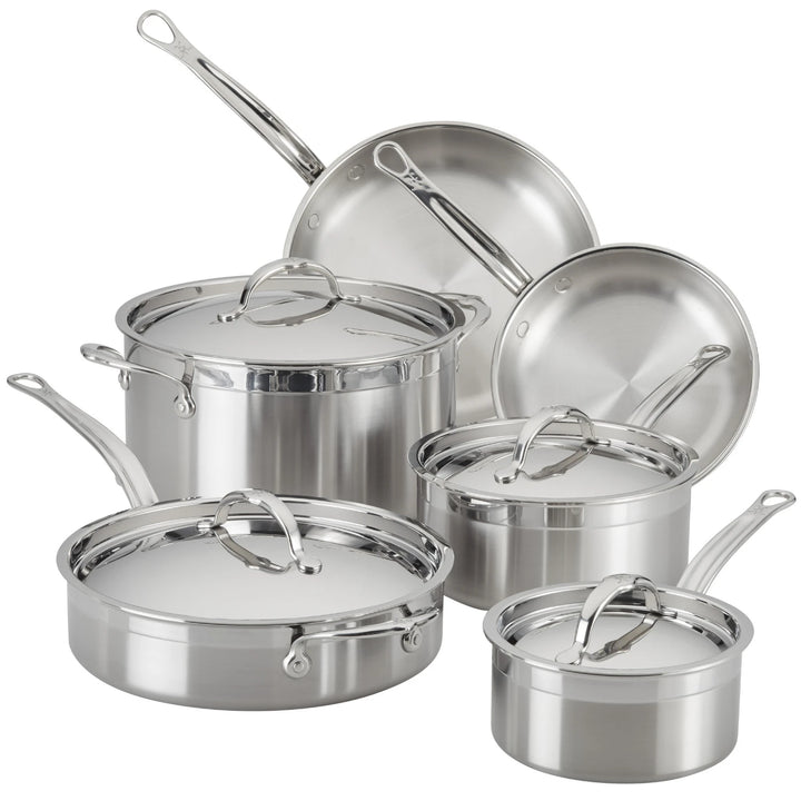 A ProBond Professional Clad Stainless Steel Ultimate 10-piece set features two frying pans, three lidded saucepans, and a lidded stockpot. Its durable tri-ply body and long handles offer style, while the lids are adorned with elegant looped handles.