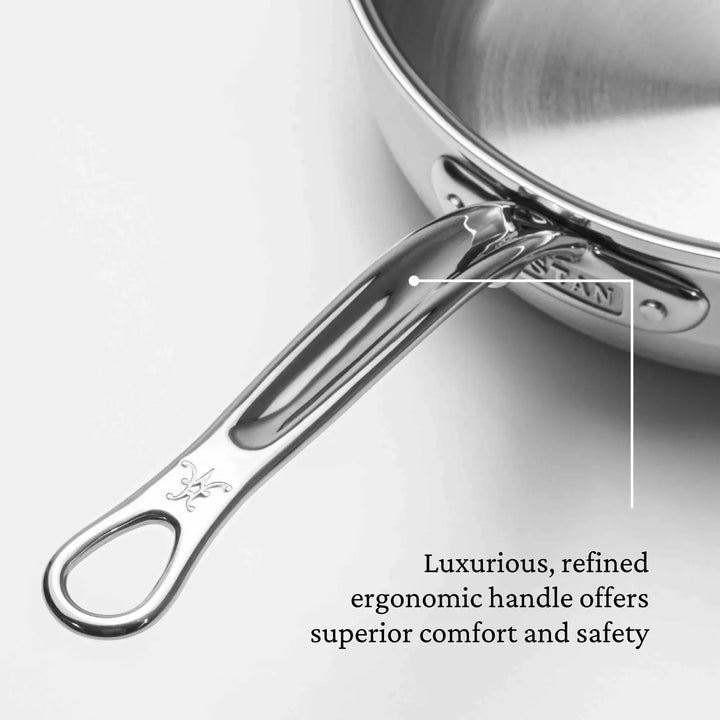 The ProBond Professional Clad Stainless Steel Ultimate Set, 10-piece, features a stainless steel pan with an ergonomic handle. Attached with metallic rivets and adorned with a decorative insignia, it ensures superior comfort and safety in this luxurious cookware.