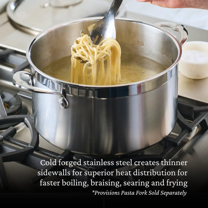 A hand stirs spaghetti in a ProBond Professional Clad Stainless Steel pot on a stove. The Tri-Ply Body ensures efficient heat distribution, and a metal utensil is partially visible. Text overlay highlights the thin sidewalls of this cookware set for optimal cooking performance.