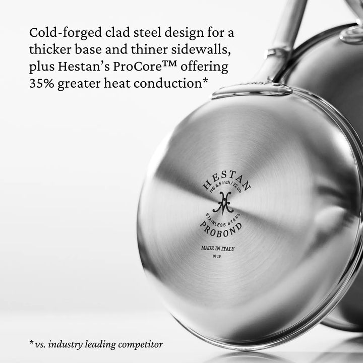 Close-up of the ProBond Professional Clad Stainless Steel Ultimate Set 10-piece pan bottom, showcasing brand engraving. Highlights include cold-forged tri-ply body, thinner sidewalls, and 35% better heat conduction than a leading competitors stainless steel cookware.