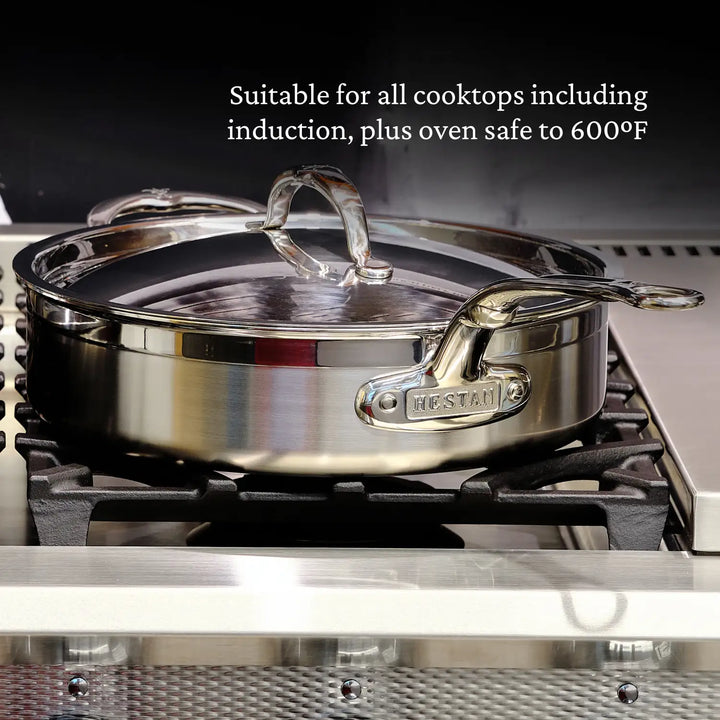 The ProBond Professional Clad Stainless Steel Ultimate Set, 10-piece, features tri-ply pans with glass lids and sturdy handles for easy use. Suitable for all cooktops, including induction, theyre oven safe up to 600°F and shine beautifully on any stovetop.