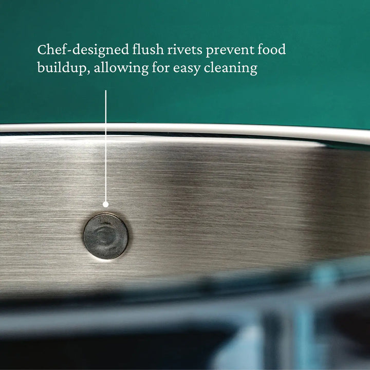 A close-up of the ProBond Professional Clad Stainless Steel Saucepan interior shows a flush rivet, explained by text as chef-designed to prevent food buildup for easy cleaning. A solid green background adds contrast.