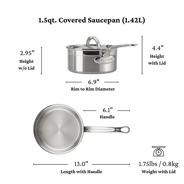 Diagram of the ProBond Professional Clad Stainless Steel 1.5qt Saucepan, showcasing a tri-ply aluminum core. It measures 2.95 high (4.4 with lid) and has a rim diameter of 6.9. The handle extends to 13, and it weighs just 1.75 lbs (0.8 kg).