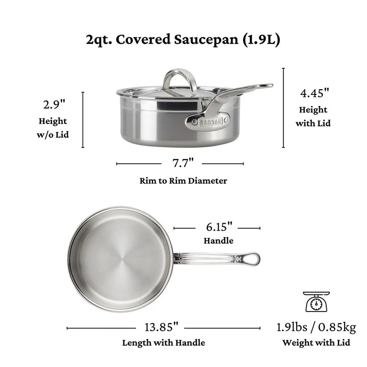 Image of a 2-quart (1.9L) ProBond Professional Clad Stainless Steel Saucepan with tri-ply aluminum core, 7.7-inch rim diameter, 2.9-inch height without lid, 4.45-inch with lid, handle length of 6.15 inches, and total length of 13.85 inches in sleek stainless steel design.