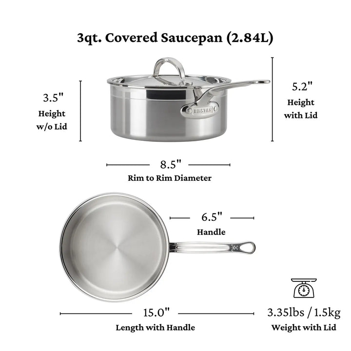 Image of the ProBond Professional Clad Stainless Steel Saucepan with tri-ply aluminum core, showcasing detailed measurements. It stands 3.5 inches tall lidless and 5.2 inches with it, has an 8.5-inch diameter, a handle length of 6.5 inches, an overall length of 15 inches, and weighs 3.35 lbs.