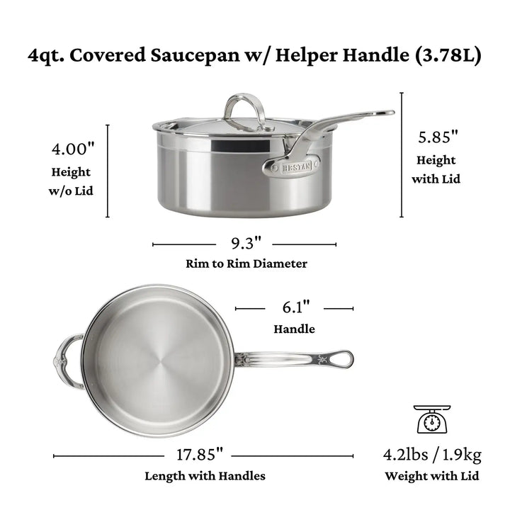 Diagram of the ProBond Professional Clad 4-quart stainless steel saucepan with a tri-ply aluminum core and helper handle. Features: 4 height (without lid), 5.85 height (with lid), 9.3 diameter, 6.1 handle, and total length of 17.85. Weighs 4 lbs with the lid.