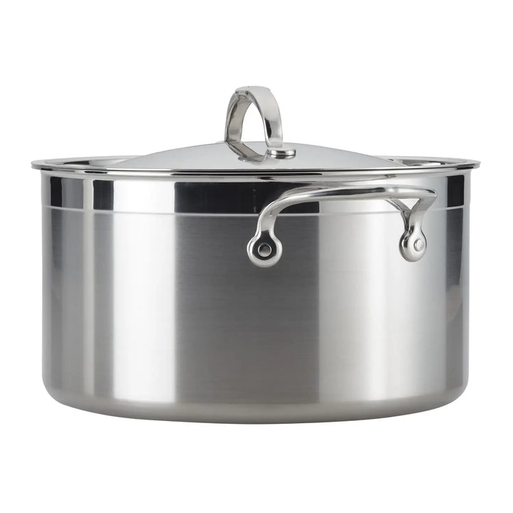 The ProBond Professional Clad 8-Quart Stainless Steel Stockpot features two side handles and one on the lid, with a reflective smooth polished tri-ply surface perfect for diverse cooking methods.