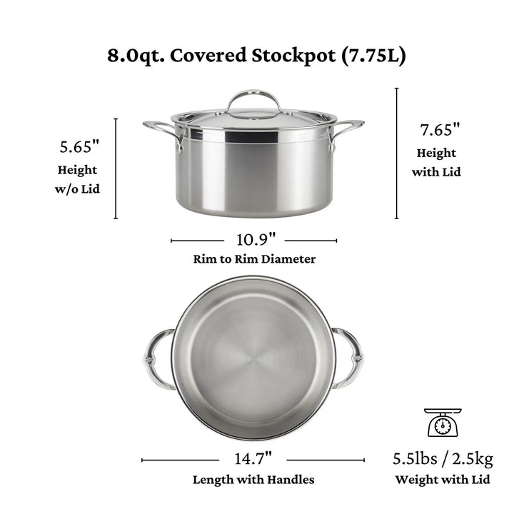 The image features a ProBond Professional Clad Stainless Steel Stockpot with lid, 8-quart capacity. It measures 5.65 inches high without the lid (7.65 inches with it), has a 10.9-inch diameter, spans 14.7 inches with handles, and weighs 5.5 lbs (2.5 kg).