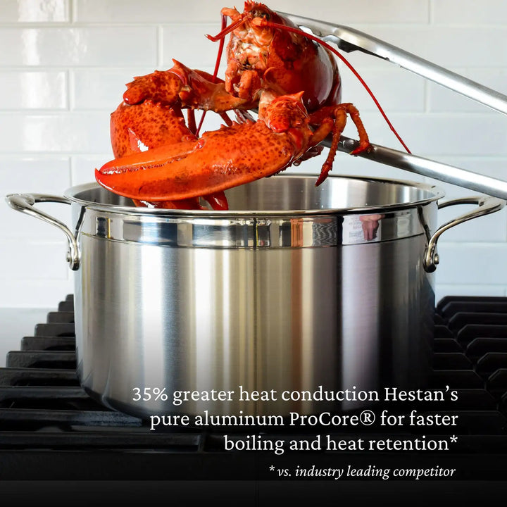 A large lobster is held above a Professional Clad Stainless Steel Stockpot, 8-Quart by ProBond with tongs. The stockpot sits on a stovetop with black grates. Text highlights the heat conduction benefits of ProBonds aluminum ProCore technology.