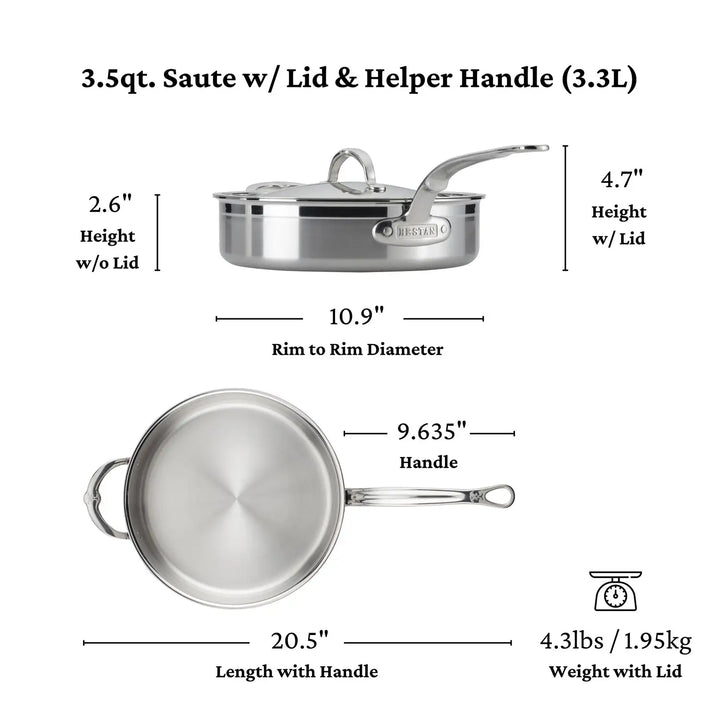 Diagram of a ProBond Professional Clad Stainless Steel Covered Sauté Pan, featuring a lid and helper handle. Dimensions: 2.6 height (4.7 with lid), 10.9 rim diameter, 9.635 handle, total length of 20.5. Weighs 4.3 lbs (1.95 kg).