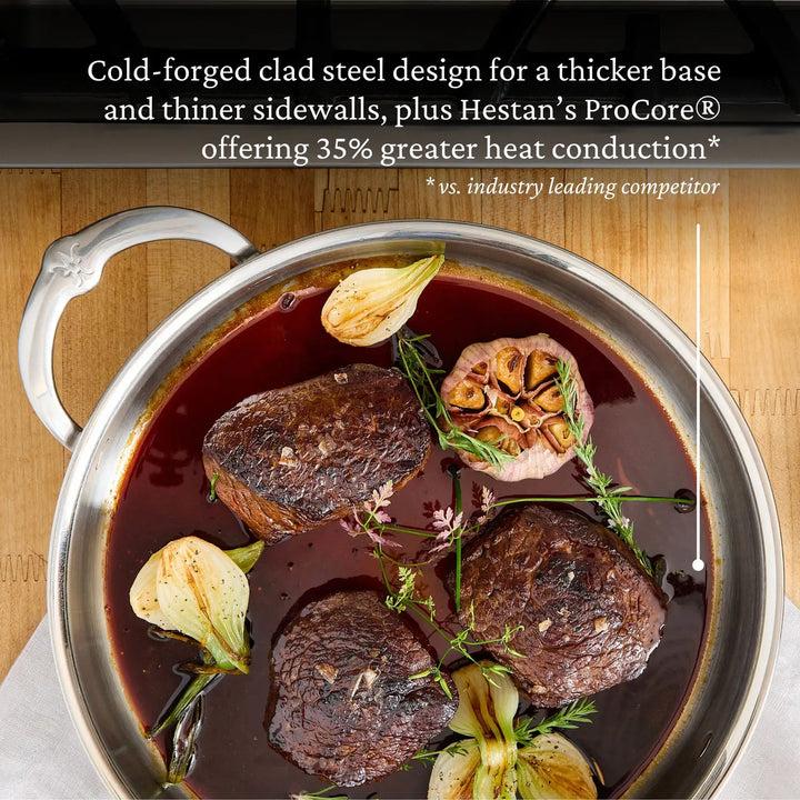 A top view of a ProBond Professional Clad Stainless Steel Covered Sauté Pan shows three pieces of meat, halved onions, and garlic cloves in red sauce with text overlay highlighting its tri-ply cold-forged clad steel body for superior heat conduction.