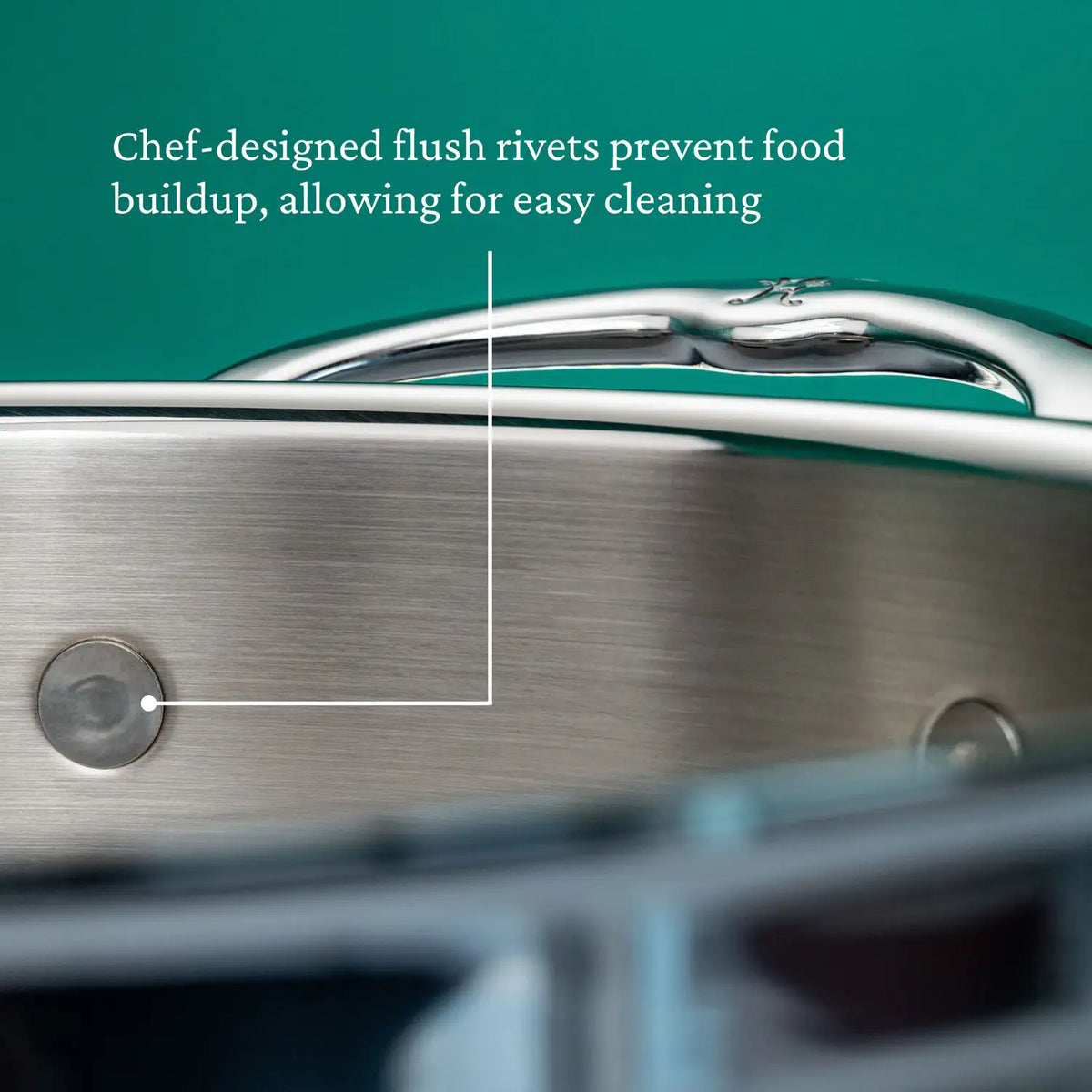 Close-up of the ProBond Professional Clad Stainless Steel Sauteuse with Lid, 3.5-Quart, handcrafted in Italy against a green background. A labeled arrow points to the chef-designed flush rivets, annotating them as preventing food buildup for easy cleaning.